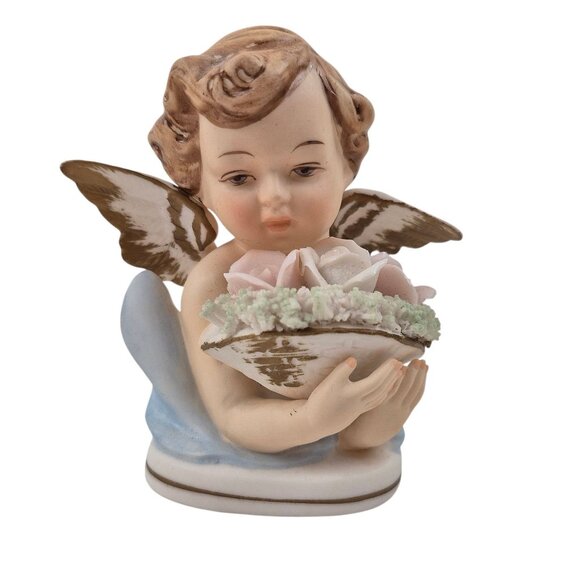 Tilso Cherub Angel Pair Figurines Bisque Porcelain Pink Blue Flowers 1958 - Picture 5 of 10